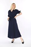 Büyük Beden Uzun Yırtmaçlı Kruvaze Yaka Elbise 28C-2133