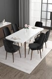 Roy Serisi 80x132 Mdf Beyaz Masa Ceviz Ayak Masa Takımı 6 Siyah Sandalye