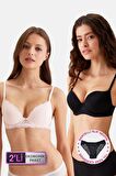 2'li Ekonomik Paket Siyah-beyaz 6329-3 Lyon Balenli Double Push Up Micro Sütyen Set (slip Hediyeli)