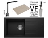 Realstone P011 Assos 86 XL Granit Eviye & Göksu Mutfak Bataryası Seti (+ Sabunluk ve Bambu Tahta Hediyeli) - Siyah