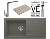 Realstone P011 Assos 86 XL Granit Eviye & Göksu Mutfak Bataryası Seti (+ Sabunluk ve Bambu Tahta Hediyeli) - Gri