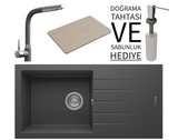 Realstone P011 Assos 86 XL Granit Eviye & Sümela Batarya Seti (+ Bambu Tahta ve Sabunluk Hediyeli) - Antrasit
