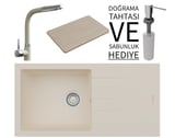 Realstone P011 Assos 86 XL Granit Eviye & Sümela Batarya Seti (+ Bambu Tahta ve Sabunluk Hediyeli) - Krem