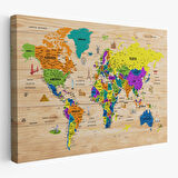 Harita Sepeti Ahşap Görünümlü Türkçe Dünya Haritası Sembollü Eğitici Dekoratif Kanvas Tablo 2903