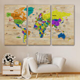 Harita Sepeti Ahşap Görünümlü Türkçe Dünya Haritası Sembollü Eğitici Dekoratif Kanvas Tablo 2903