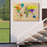 Harita Sepeti Ahşap Görünümlü Türkçe Dünya Haritası Sembollü Eğitici Dekoratif Kanvas Tablo 2903