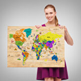 Harita Sepeti Ahşap Görünümlü Türkçe Dünya Haritası Sembollü Eğitici Dekoratif Kanvas Tablo 2903