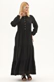 Uzun Kol Siyah Düğmeli Yazlık Uzun Müslin Elbise 