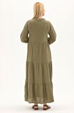 Uzun Kol Haki Düğmeli Yazlık Uzun Müslin Elbise 