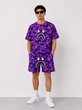 Modi Green Erkek Oversize Kalıp Pubg Bape X Shark Nakışlı Cepli Şort Takım - Mor