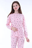 Minimal Çiçek Detaylı Pembe Kız Çocuk Pijama Takımı