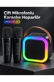 Taşıma Askılı Siyah LED Işıklı Bluetooth Hoparlör Çift Mikrofonlu Karaoke Seti