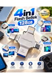 128GB 4’lü Girişli Flash Bellek Lightning Type-C USB-A MicroUSB Telefon Tablet Bilgisayar Uyumlu