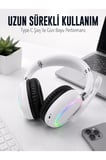 Beyaz Bluetooth 5.0 Mikrofonlu Kablosuz Kulak Üstü Kulaklık RGB Işıklı Type-C Şarjlı