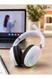 Beyaz Bluetooth 5.0 Mikrofonlu Kablosuz Kulak Üstü Kulaklık RGB Işıklı Type-C Şarjlı