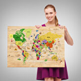 Harita Sepeti Ahşap Görünümlü Türkçe Dünya Haritası Sembollü Eğitici Dekoratif Kanvas Tablo 2911