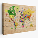Harita Sepeti Ahşap Görünümlü Türkçe Dünya Haritası Sembollü Eğitici Dekoratif Kanvas Tablo 2911