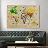 Harita Sepeti Ahşap Görünümlü Türkçe Dünya Haritası Sembollü Eğitici Dekoratif Kanvas Tablo 2911