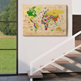 Harita Sepeti Ahşap Görünümlü Türkçe Dünya Haritası Sembollü Eğitici Dekoratif Kanvas Tablo 2911