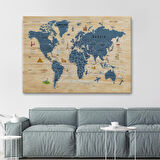 Harita Sepeti Ahşap Görünümlü Dünya Haritası Sembollü Eğitici Dekoratif Kanvas Tablo 2912