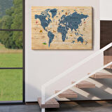 Harita Sepeti Ahşap Görünümlü Dünya Haritası Sembollü Eğitici Dekoratif Kanvas Tablo 2912