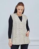 Kadın V Yaka Zincir Örgü Cepli Yün Anne Triko Yelek