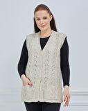 Kadın V Yaka Zincir Örgü Cepli Yün Anne Triko Yelek