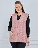 Kadın V Yaka Zincir Örgü Cepli Yün Anne Triko Yelek