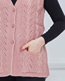 Kadın V Yaka Zincir Örgü Cepli Yün Anne Triko Yelek