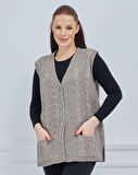 Kadın V Yaka Zincir Örgü Cepli Yün Anne Triko Yelek