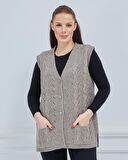 Kadın V Yaka Zincir Örgü Cepli Yün Anne Triko Yelek