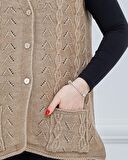 Kadın V Yaka Zincir Örgü Cepli Yün Anne Triko Yelek