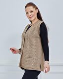 Kadın V Yaka Zincir Örgü Cepli Yün Anne Triko Yelek