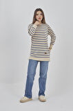 Kadın Çizgili Mevsimlik Bisiklet Yaka Tunik Sweatshirt