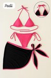 Vitaliselanfashion Kadın Fuşya Siyah Pareolu Yandan ve Boyundan Bağlamalı 3'lü Bikini Takımı