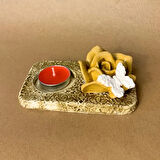 Uretti - Pınar 6606 - El Yapımı Sarı Gül Ve Kelebek Süslemeli Dekoratif Mumluk - 7 x 12 cm