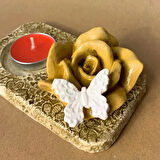Uretti - Pınar 6606 - El Yapımı Sarı Gül Ve Kelebek Süslemeli Dekoratif Mumluk - 7 x 12 cm
