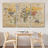 Harita Sepeti Ahşap Görünümlü Türkçe Dünya Haritası Sembollü Eğitici Kanvas Tablo 2925