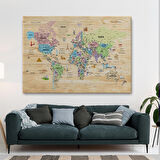 Harita Sepeti Ahşap Görünümlü Türkçe Dünya Haritası Sembollü Eğitici Kanvas Tablo 2929