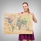 Harita Sepeti Ahşap Görünümlü Türkçe Dünya Haritası Sembollü Eğitici Kanvas Tablo 2929