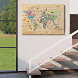 Harita Sepeti Ahşap Görünümlü Türkçe Dünya Haritası Sembollü Eğitici Kanvas Tablo 2929