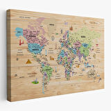 Harita Sepeti Ahşap Görünümlü Türkçe Dünya Haritası Sembollü Eğitici Kanvas Tablo 2929