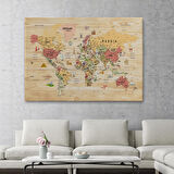 Harita Sepeti Ahşap Görünümlü Dünya Haritası Sembollü Eğitici Dekoratif Kanvas Tablo 2930
