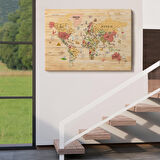 Harita Sepeti Ahşap Görünümlü Dünya Haritası Sembollü Eğitici Dekoratif Kanvas Tablo 2930