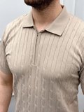 Modi Green Erkek Yazlık Triko Saç Örgü Tişört Kısa Kol Polo Yaka Fermuarlı T-Shirt - Bej
