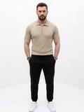 Modi Green Erkek Yazlık Triko Saç Örgü Tişört Kısa Kol Polo Yaka Fermuarlı T-Shirt - Bej