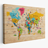 Harita Sepeti Ahşap Görünümlü Dünya Haritası Sembollü Eğitici Dekoratif Kanvas Tablo 2938