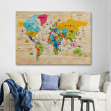 Harita Sepeti Ahşap Görünümlü Dünya Haritası Sembollü Eğitici Dekoratif Kanvas Tablo 2938
