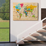 Harita Sepeti Ahşap Görünümlü Türkçe Dünya Haritası Sembollü Eğitici Kanvas Tablo 2939