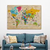 Harita Sepeti Ahşap Görünümlü Türkçe Dünya Haritası Sembollü Eğitici Kanvas Tablo 2939